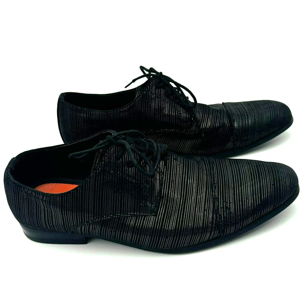 TALLIA Loafer Men's‎ 9 Danilo Cap Toe Lace-Up Black Silver Metallic Dress Shoe